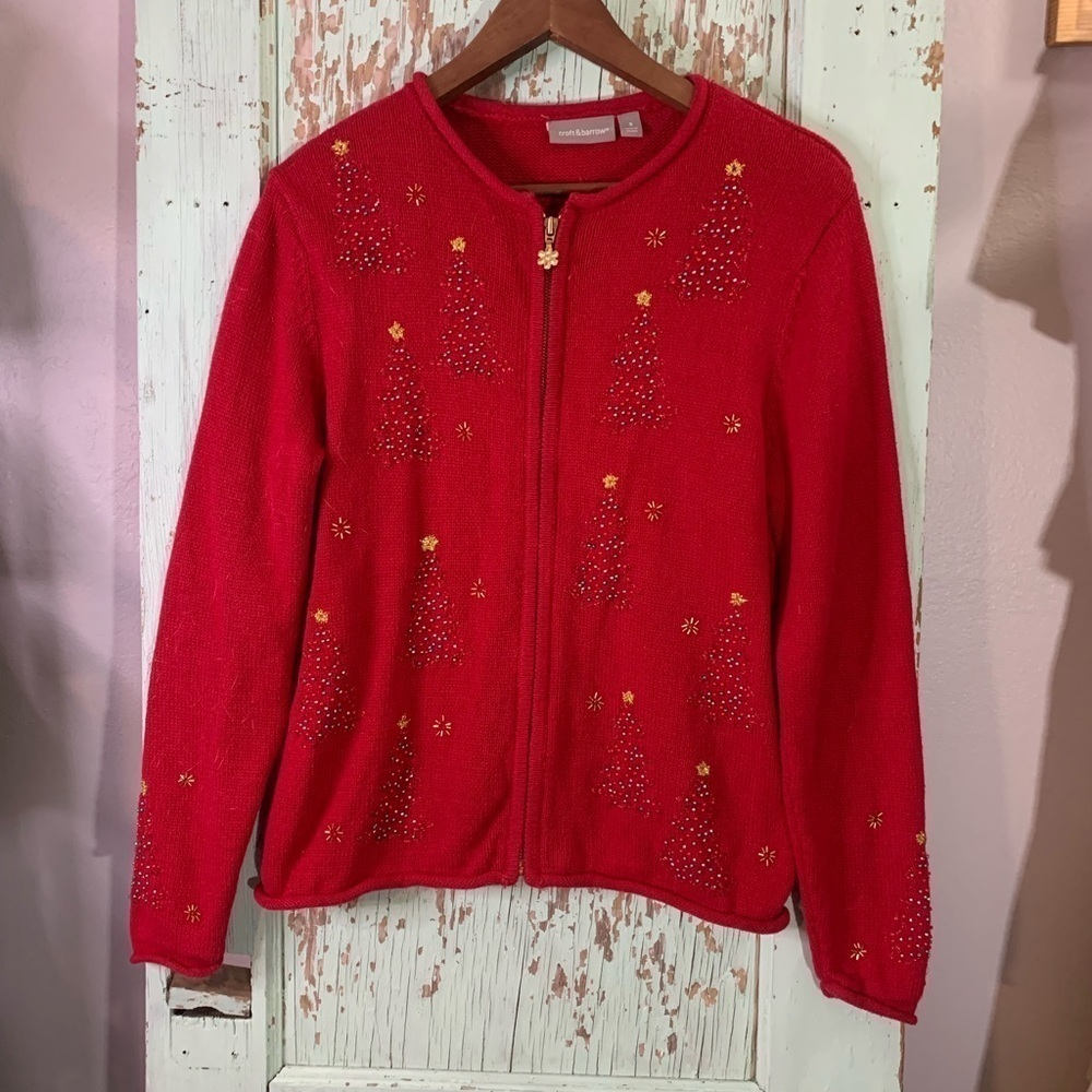 Women’s Croft & Barrow Red knitted zip up Christmas tree embroidered sweater